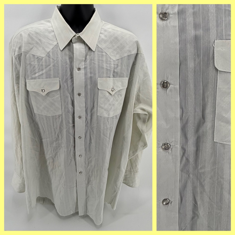 VTG Panhandle Slim Western Shirt Mens 18x36 Pearl Snap Cream Striped USA Made